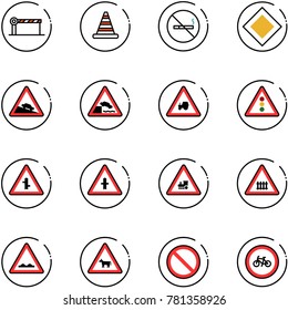 line vector icon set - barrier vector, road cone, no smoking sign, main, steep descent, embankment, tractor way, traffic light, intersection, railway, rough, cow, prohibition, bike