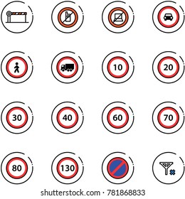 line vector icon set - barrier vector, no mobile sign, computer, car road, pedestrian, truck, speed limit 10, 20, 30, 40, 60, 70, 80, 130, parking, signal