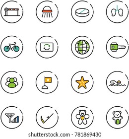 line vector icon set - barrier vector, shower, pill, lungs, bike, card exchange, globe, key, group, flag, starfish, swimming, fine signal, scythe, bear toy