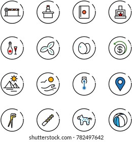 line vector icon set - barrier vector, recieptionist, passport, fireplace, wine, three leafs, eggs, money back, pyramid, waves, laser, navigation pin, plumber, drill, toy horse, basketball