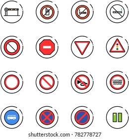 line vector icon set - barrier vector, no mobile sign, smoking, prohibition road, way, giving, traffic light, horn, customs, bus, stop, parking, pause