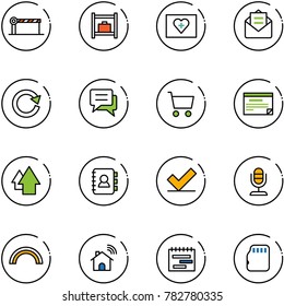 line vector icon set - barrier vector, baggage room, first aid kit, opened mail, reload, chat, cart, schedule, arrow up, contact book, check, microphone, rainbow, wireless home, terms plan