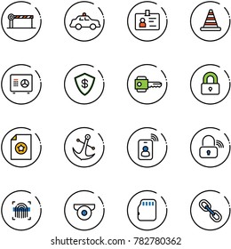 line vector icon set - barrier vector, safety car, identity, road cone, safe, key, locked, certificate, anchor, card, wireless lock, fingerprint scanner, surveillance camera, micro flash, link