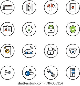 line vector icon set - barrier vector, metal detector gate, insurance, passport, identity, safe, locked, shield check, certificate, car wireless, lock, surveillance camera, key, link, server