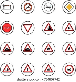line vector icon set - barrier vector, no smoking sign, main road, stop, giving way, landslide, oncoming traffic, climb, steep descent, tractor, abrupt turn right, children, intersection, railway