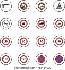 line vector icon set - barrier vector, no computer sign, smoking, road cone, car, truck, speed limit 20, 50, 60, 70, 90, 100, 120, stop, parking