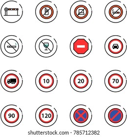 Line Vector Icon Set - Barrier Vector, No Mobile Sign, Computer, Smoking, Alcohol, Way Road, Car, Truck, Speed Limit 10, 20, 70, 90, 120, Stop, Parking