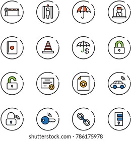 line vector icon set - barrier vector, metal detector gate, insurance, officer window, passport, road cone, locked, unlocked, certificate, car wireless, lock, key, link, server
