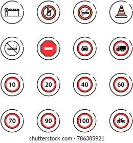 line vector icon set - barrier vector, no mobile sign, smoking, road cone, way, car, truck, speed limit 10, 20, 40, 60, 70, 90, 100, bike