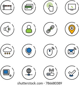 line vector icon set - barrier vector, credit card, hand cursor, monitor, low volume, user, link, atm map pin, rain cloud, globe, mouse wireless, mail, monoblock pc, wi fi router, check