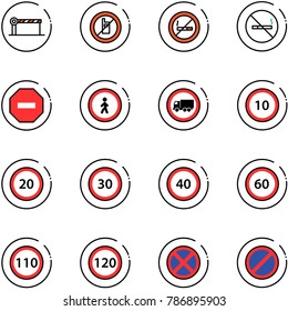 Line Vector Icon Set - Barrier Vector, No Mobile Sign, Smoking, Way Road, Pedestrian, Truck, Speed Limit 10, 20, 30, 40, 60, 110, 120, Stop, Parking