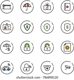 line vector icon set - barrier vector, insurance, terrorism, passport, identity, safe, locked, unlocked, certificate, car wireless, lock, surveillance camera
