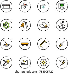 line vector icon set - barrier vector, terrorism, doctor bag, atm, gear, flippers, mat, anchor, fishing, skateboard, staple, clinch, Angular grinder, stapler, baseball bat