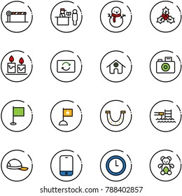 line vector icon set - barrier vector, passport control, snowman, holly, candle, card exchange, home, camera, flag, luck, pool, cap, mobile phone, clock, bear toy