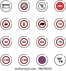 line vector icon set - barrier vector, no computer sign, alcohol, way road, car, pedestrian, truck, speed limit 10, 30, 40, 60, 70, 120, 130, parking, signal