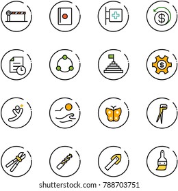 line vector icon set - barrier vector, passport, first aid room, money back, history, community, pyramid flag, managemet, flying man, waves, butterfly, plumber, bolt cutter, drill, tile, brush