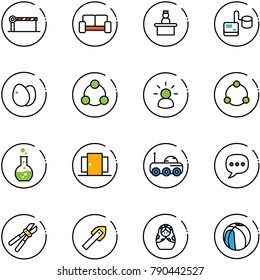 line vector icon set - barrier vector, vip waiting area, recieptionist, tonometer, eggs, social, idea, community, round flask, doors, moon rover, chat, bolt cutter, tile drill, russian doll