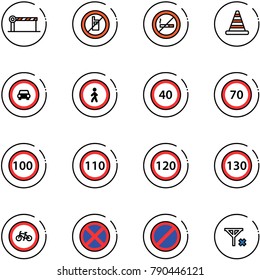 line vector icon set - barrier vector, no mobile sign, smoking, road cone, car, pedestrian, speed limit 40, 70, 100, 110, 120, 130, bike, stop, parking, signal