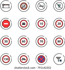 line vector icon set - barrier vector, no computer sign, smoking, alcohol, way road, car, speed limit 10, 20, 30, 60, 70, 80, 130, bike, stop, signal