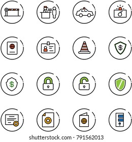 line vector icon set - barrier vector, passport control, safety car, terrorism, identity, road cone, safe, locked, unlocked, shield, certificate, server