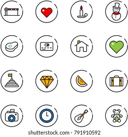 line vector icon set - barrier vector, heart, candle, snowman, meat, credit card, home, pyramid flag, diamond, watermelone, suitcase, camera, clock, guitar, bear toy