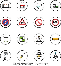 line vector icon set - barrier vector, house, heart pulse, coin, no parkin odd, road for moto sign, prohibition, speed limit 100, cart, puzzle, mail dollar, skateboard, piston, clinch, bear toy