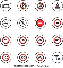 line vector icon set - barrier vector, no mobile sign, computer, road cone, smoking, alcohol, way, speed limit 10, 20, 50, 60, 100, 120, 130, bike, signal