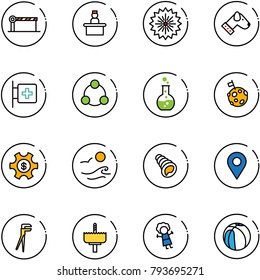 line vector icon set - barrier vector, recieptionist, firework, dog, first aid room, social, round flask, moon flag, money managemet, waves, shell, navigation pin, plumber, crown drill, doll