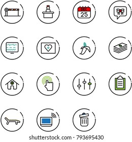 line vector icon set - barrier vector, recieptionist, 25 dec calendar, bow message, diagnostic monitor, first aid kit, banana, dollar, home, hand cursor, settings, clipboard, lounger, notebook wi fi