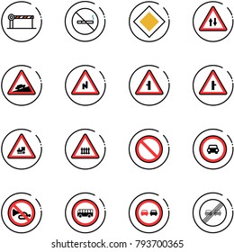 line vector icon set - barrier vector, no smoking sign, main road, oncoming traffic, climb, abrupt turn right, intersection, railway, prohibition, car, horn, bus, overtake, end limit