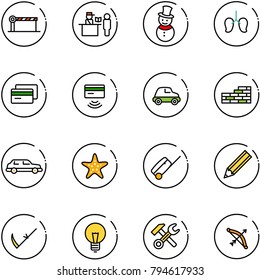 line vector icon set - barrier vector, passport control, snowman, lungs, credit card, tap pay, car, brick wall, limousine, starfish, suitcase, pencil, scythe, bulb, wrench hammer, bow