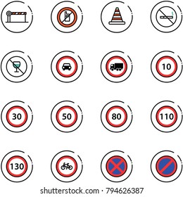 line vector icon set - barrier vector, no mobile sign, road cone, smoking, alcohol, car, truck, speed limit 10, 30, 50, 80, 110, 130, bike, stop, parking