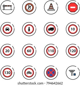 line vector icon set - barrier vector, no mobile sign, road cone, way, car, pedestrian, truck, speed limit 10, 20, 60, 110, 120, 130, bike, stop, signal