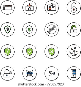 line vector icon set - barrier vector, terrorism, identity, lock, safe, end overtake limit road sign, unlocked, shield, check, cross, anchor, wireless, fingerprint scanner, surveillance camera