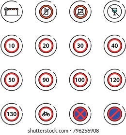 line vector icon set - barrier vector, no mobile sign, computer, alcohol, speed limit 10 road, 20, 30, 40, 50, 90, 100, 120, 130, bike, stop, parking
