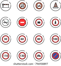 line vector icon set - barrier vector, no computer sign, smoking, road cone, way, car, pedestrian, speed limit 30, 60, 80, 100, 110, 130, bike, parking