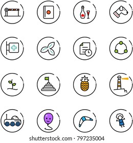 line vector icon set - barrier vector, passport, wine, dog, first aid room, three leafs, history, community, sproute, pyramid flag, pineapple, lighthouse, moon rover, balloon smile, boomerang, doll