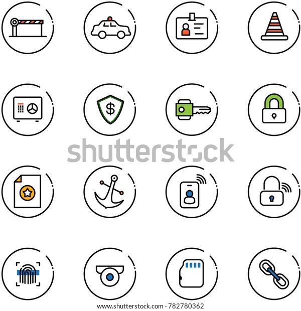 line vector icon set - barrier vector, safety car,\
identity, road cone, safe, key, locked, certificate, anchor, card,\
wireless lock, fingerprint scanner, surveillance camera, micro\
flash, link
