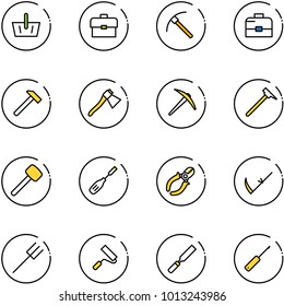 line vector icon set - basket vector, portfolio, rock axe, case, hammer, mason, rubber, chisel, side cutters, scythe, farm fork, paint roller, rasp, awl