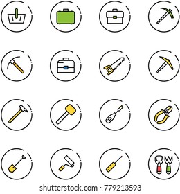 line vector icon set - basket vector, case, portfolio, job, rock axe, saw, mason hammer, rubber, chisel, side cutters, shovel, paint roller, awl, fork toy
