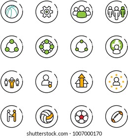 line vector icon set - basketball ball vector, gear, group, social, friends, community, man globe, team leader, winner, arrows up, star, agreement, volleyball, soccer, football