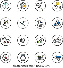 line vector icon set - basketball ball vector, volleyball, badminton, abc cube, kite, paper plane, rocking horse, billiards balls, wheel, toy, elephant, gamepad, soccer, rabbit, piano, water gun