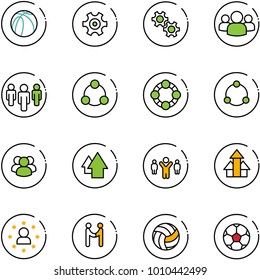 line vector icon set - basketball ball vector, gear, group, social, friends, community, arrow up, team leader, arrows, star man, agreement, volleyball, soccer