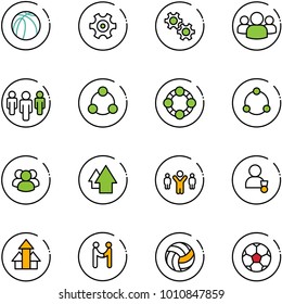 line vector icon set - basketball ball vector, gear, group, social, friends, community, arrow up, team leader, winner, arrows, agreement, volleyball, soccer