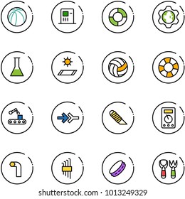 line vector icon set - basketball ball vector, atm, lifebuoy, gear globe, flask, mat, volleyball, conveyor, connect, work knife, multimeter, allen key, set, tambourine, shovel fork toy