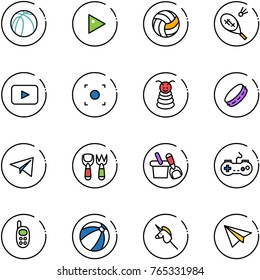 line vector icon set - basketball ball vector, play, volleyball, badminton, playback, record button, pyramid toy, tambourine, paper plane, shovel fork, bucket, gamepad, phone, beach, unicorn stick