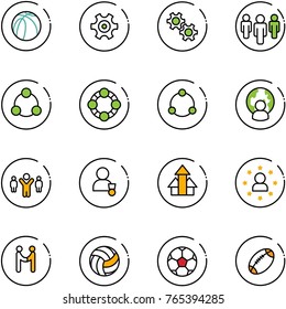 line vector icon set - basketball ball vector, gear, group, social, friends, community, man globe, team leader, winner, arrows up, star, agreement, volleyball, soccer, football