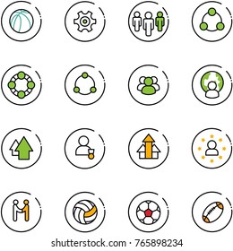line vector icon set - basketball ball vector, gear, group, social, friends, community, man globe, arrow up, winner, arrows, star, agreement, volleyball, soccer, football