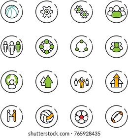 line vector icon set - basketball ball vector, gear, group, friends, community, man globe, arrow up, team leader, arrows, agreement, volleyball, soccer, football