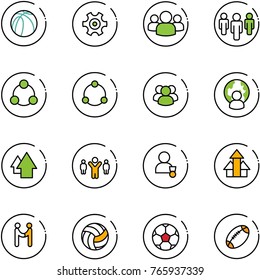line vector icon set - basketball ball vector, gear, group, social, community, man globe, arrow up, team leader, winner, arrows, agreement, volleyball, soccer, football